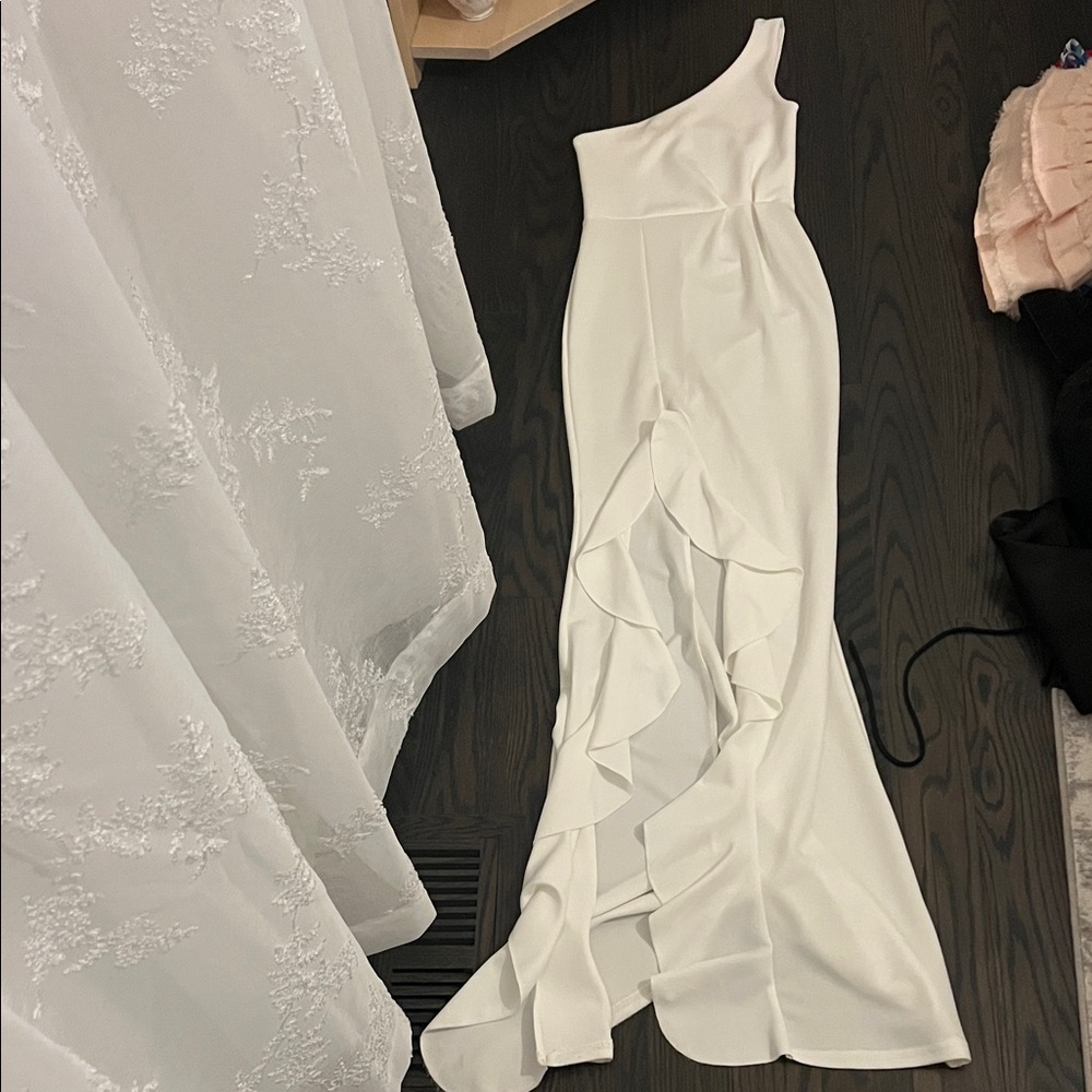 PrettyLittleThing White One-Shoulder Ruffle Gown